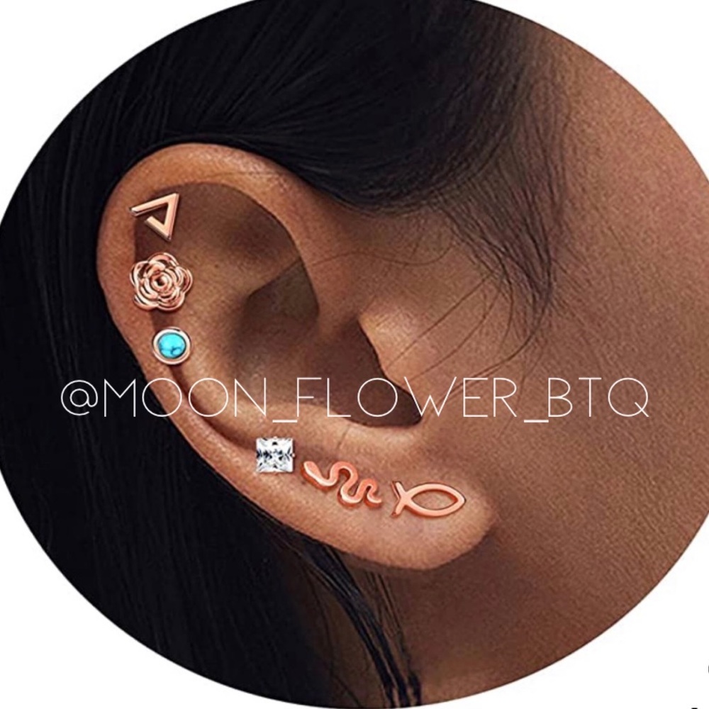Tiny Rose Gold Snake Flat Back Stud Earrings - Picture 3 of 6